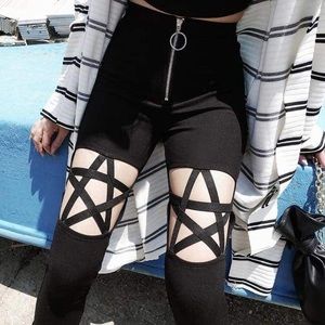 High Waist Ring Zip Pentagram Leggings